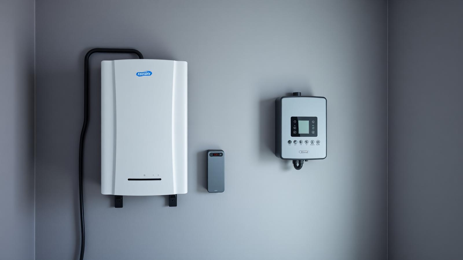 Wall-mounted home lithium iron phosphate battery unit next to a hybrid inverter in a clean utility room