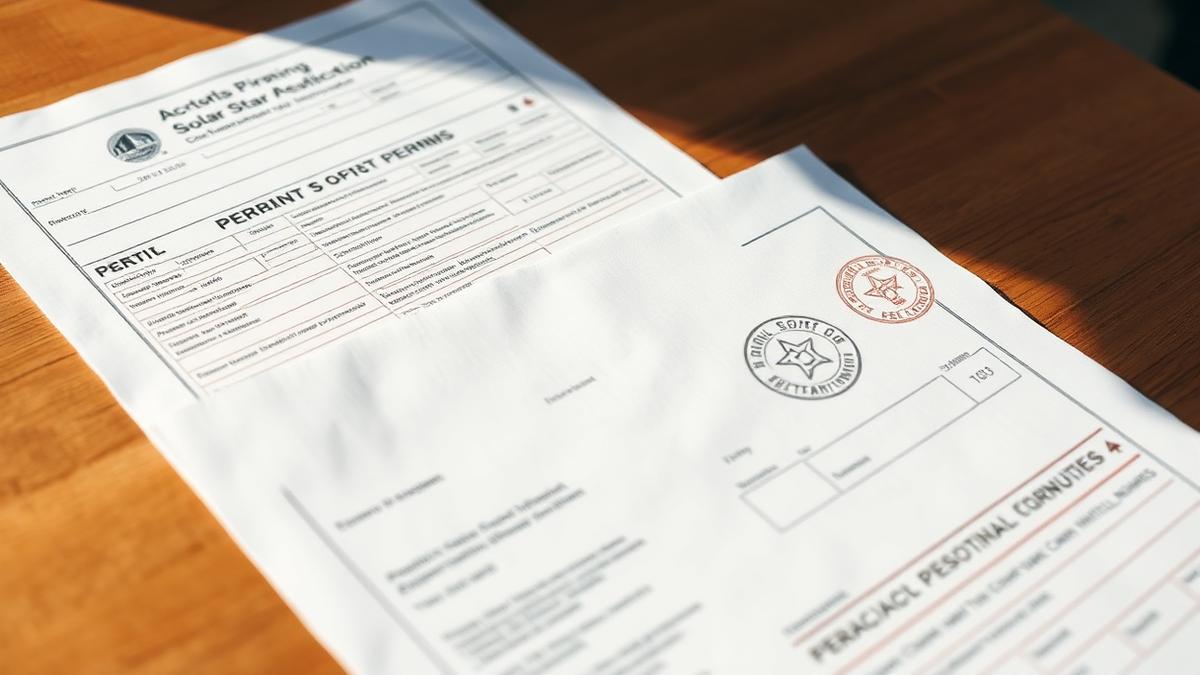 Stamped planning permit paperwork and technical drawings for a rooftop solar installation on a table