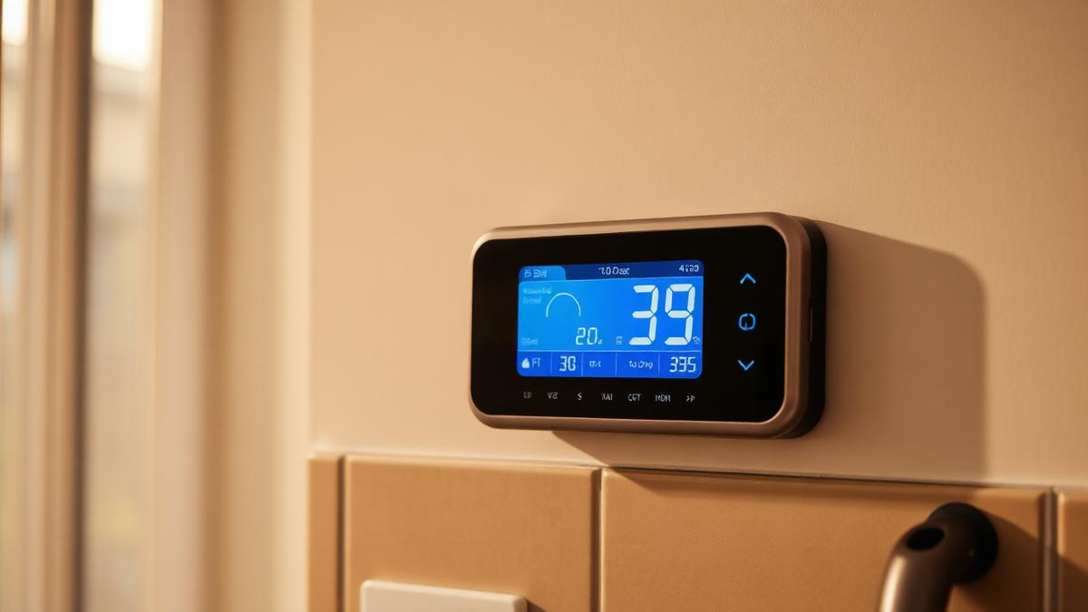 Home energy monitor mounted on a kitchen wall displaying current household electricity consumption