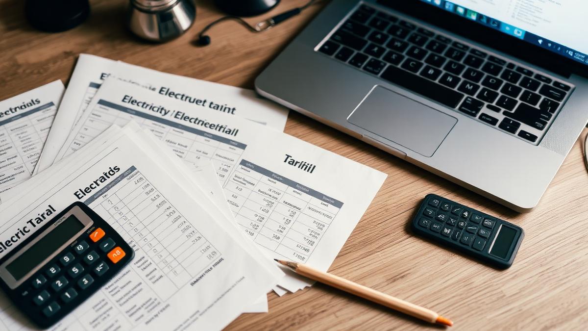 Printed electricity tariff statements and a calculator on a desk beside a laptop